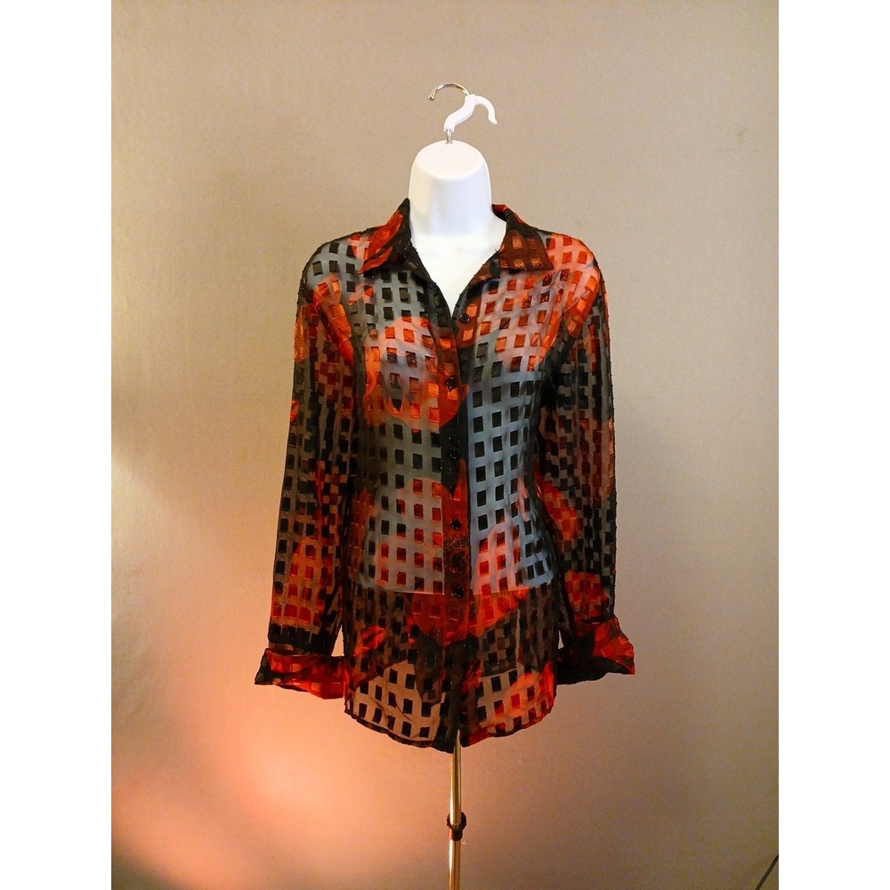 Womans Dressbarn Blouse Red Black Floral Medium Blouse Vintage Vtg M Long Sleeve